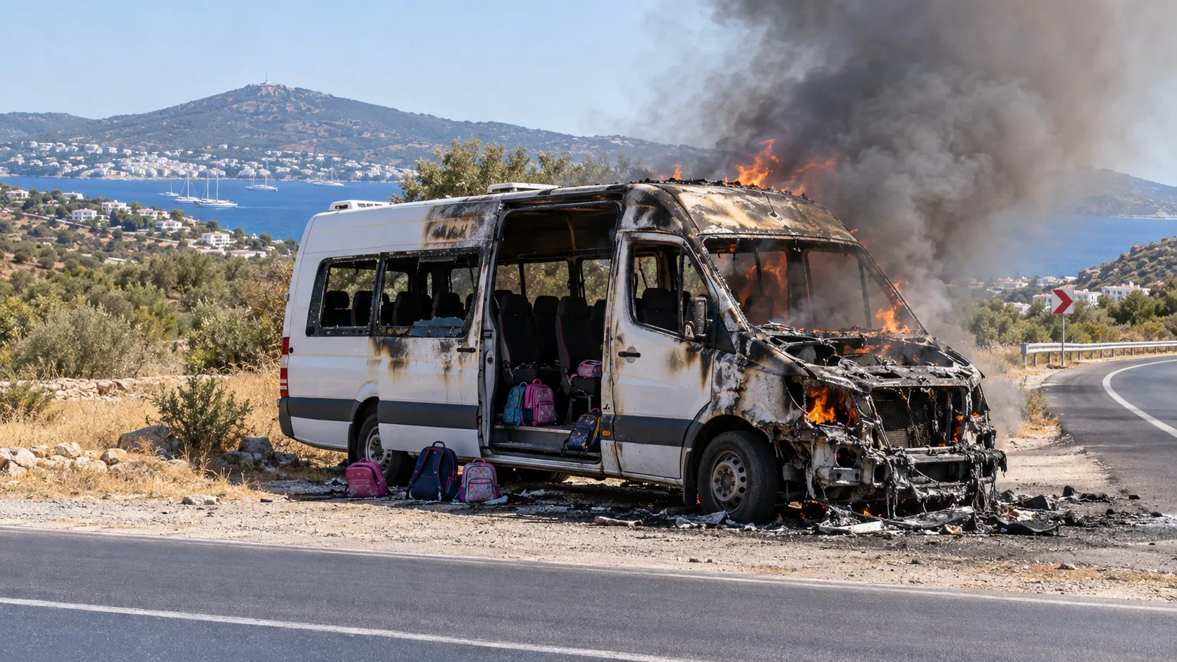 Bodrum'da seyir halindeki okul servis minibüsü alevlere teslim oldu