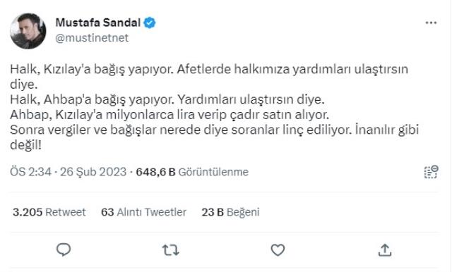 Kızılay'ın depremin 3'üncü gününde Ahbap'a çadır satmasına bir tepki de Mustafa Sandal'dan: İnanılır gibi değil