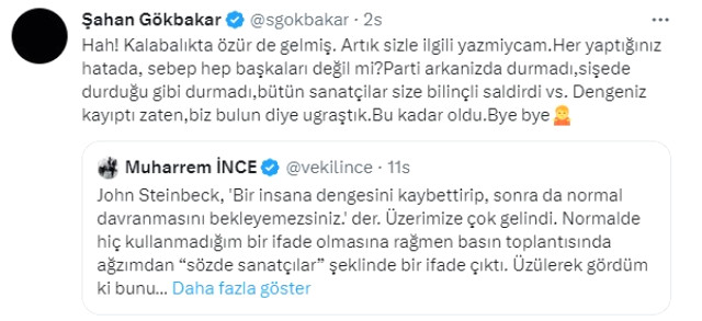 Şahan Gökbakar, sanatçılardan özür dileyen Muharrem İnce'ye yorum: Dengeniz kayıptı, bulun diye uğraştık