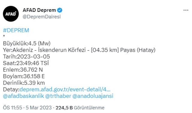 Hatay'ın İskenderun Körfezi'nde 4,5 büyüklüğünde deprem meydana geldi