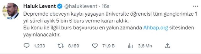 Haluk Levent duyurdu: Depremde ebeveynini kaybeden üniversitelilere aylık 5 bin TL burs vereceğiz