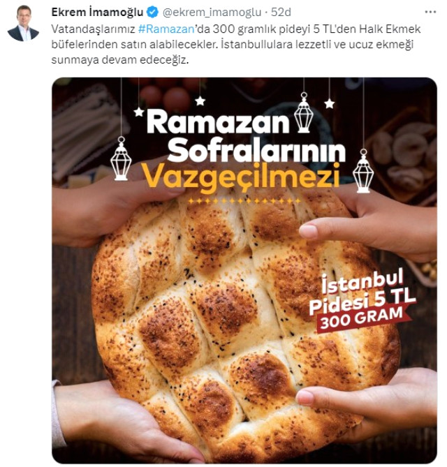 İmamoğlu: Ramazan pidesi Halk Ekmek'te 5 TL'den satılacak