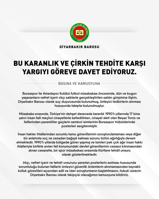 Diyarbakır Barosu'ndan Bursaspor-Amedspor maçındaki pankartlara ilişkin suç duyurusu