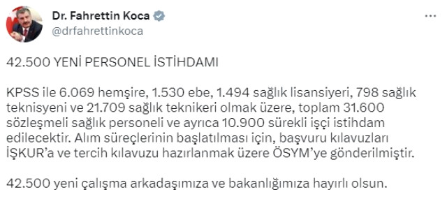 Müjdeyi Bakan Koca duyurdu! Sağlık Bakanlığı 42 bin 500 personel alacak