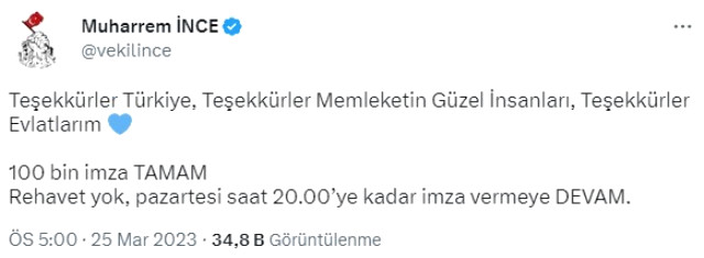 Son Dakika: Muharrem İnce, 100 bin imzayı dördüncü günde aşarak 3. cumhurbaşkanı adayı oldu