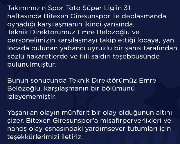 Başakşehir'den Emre Belözoğlu'nun karıştığı olayla ilgili açıklama: Saldırı teşebbüsü oldu