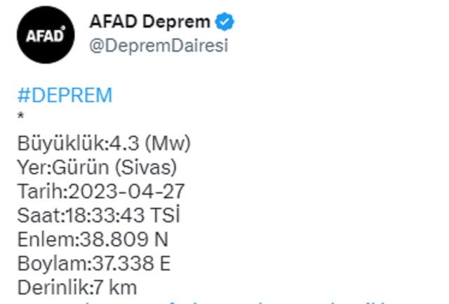 Sivas'ta 4,3 büyüklüğünde deprem meydana geldi