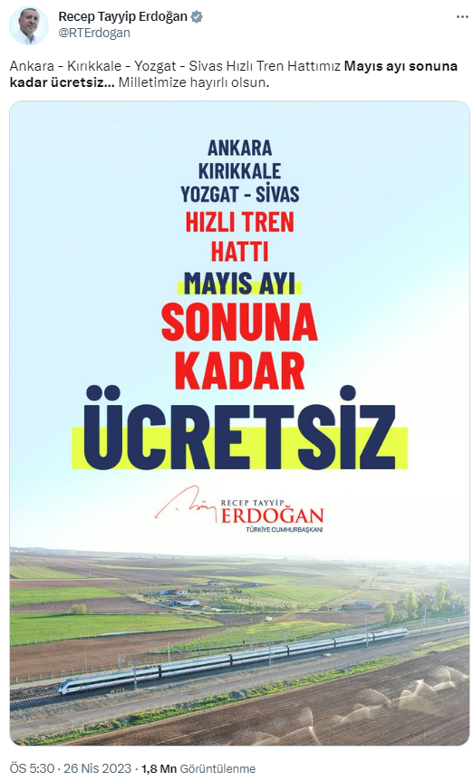 Ankara-Sivas Hızlı Tren Hattı'nın açılışına katılamayan Cumhurbaşkanı Erdoğan müjdeyi sosyal medyadan verdi: Mayıs sonuna kadar ücretsiz