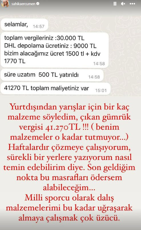 Yarışmaya katılmak için malzeme almak isteyen milli sporcu Şahika Ercümen, çıkan vergi ücretine isyan etti