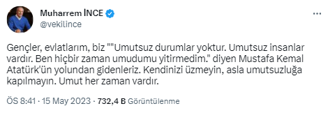 Muharrem İnce seçim sonuçlarının ardından sessizliğini bozdu: Umut her zaman vardır