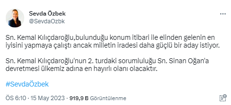 ATA İttifakı Cumhurbaşkanı Yardımcısı Adayı Sevda Özbek'ten Kılıçdaroğlu'na çağrı: 2. turda sorumluluğu Sinan Oğan'a devredin