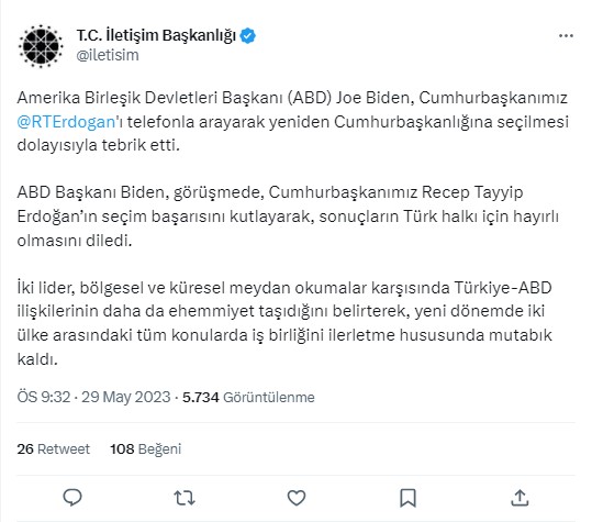 Biden ve Putin'den Cumhurbaşkanı Erdoğan'a tebrik telefonu