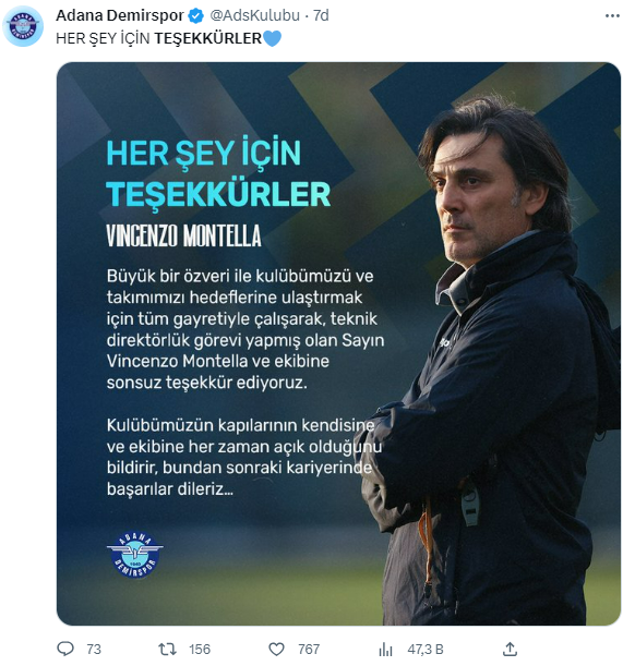 Sosyal medyadan duyuruldu! Adana Demirspor, Montella ile yollarını ayırdı