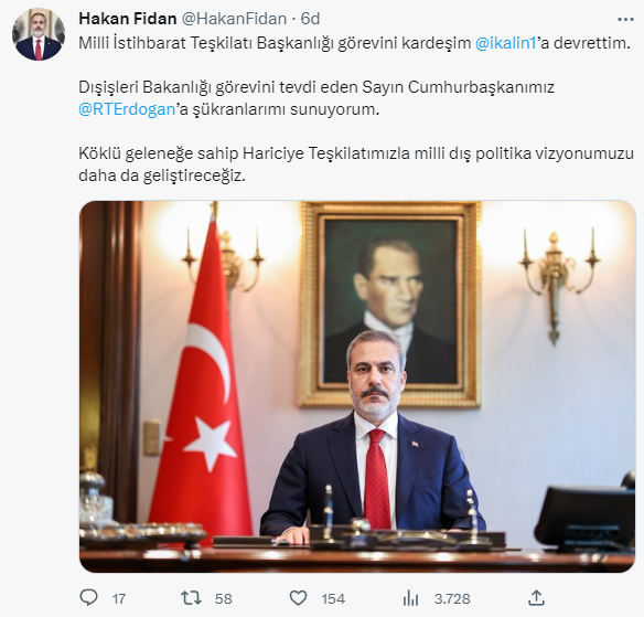 Hakan Fidan'dan ilk tweet: Hariciye Teşkilatımızla milli dış politika vizyonumuzu daha da geliştireceğiz