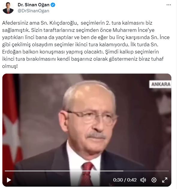 Sinan Oğan, Kılıçdaroğlu'nun sözlerine karşı çıktı: Senin başarın değil benim başarım