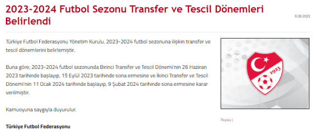 Son dakika: Yeni sezon transfer dönemi 26 Haziran'da başlayıp 15 Eylül'de sona erecek