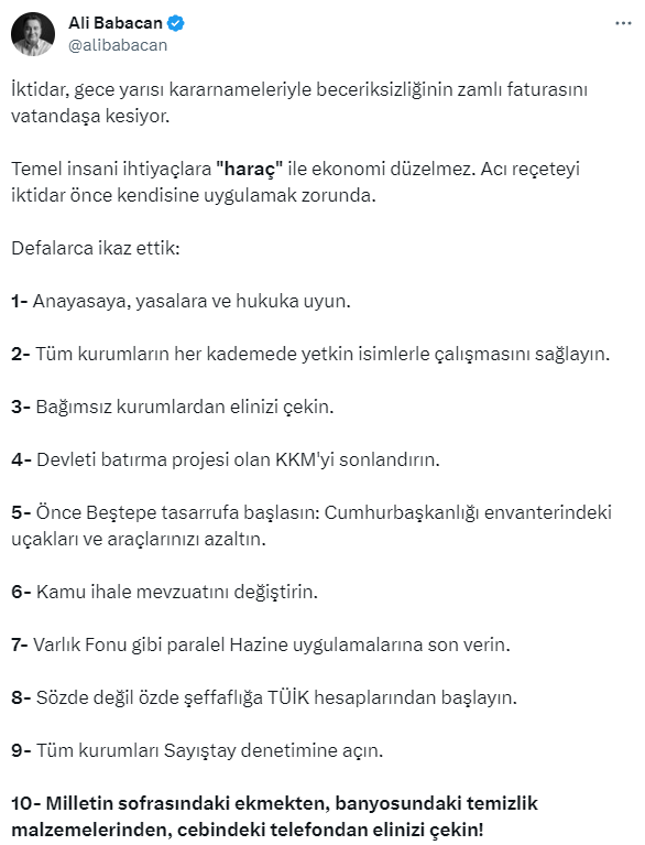 Ali Babacan'dan iktidara zam tepkisi! 10 maddelik bir uyarı listesi yayımladı