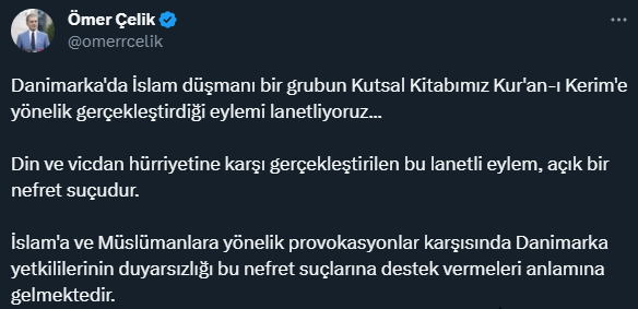 AK Parti'den Danimarka'da Kur'an-ı Kerim'e yönelik eyleme tepki: Yetkililer duyarsızlığıyla nefret suçlarına destek veriyor