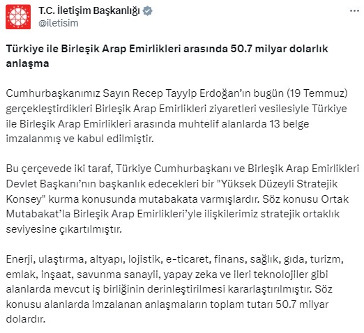 Son Dakika: Türkiye ile Birleşik Arap Emirlikleri arasında 50.7 milyar dolarlık anlaşma imzalandı