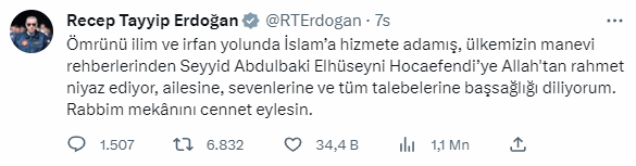 Cumhurbaşkanı Erdoğan'dan Menzil cemaati lideri Abdulbaki Elhüseyni için başsağlığı mesajı