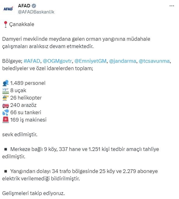 AFAD'dan Çanakkale'deki orman yangınına ilişkin açıklama: Bölgeye bin 489 personel, 8 uçak, 26 helikopter sevk edildi