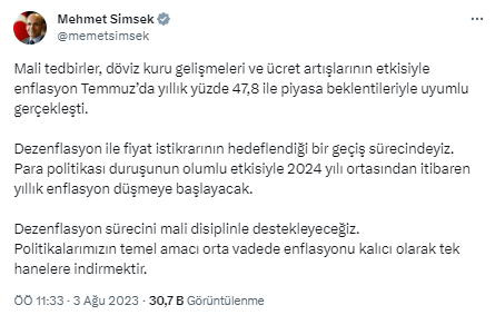 Son Dakika: Bakan Şimşek'ten enflasyon rakamlarına ilk yorum: 2024 yılı ortasından itibaren düşmeye başlayacak