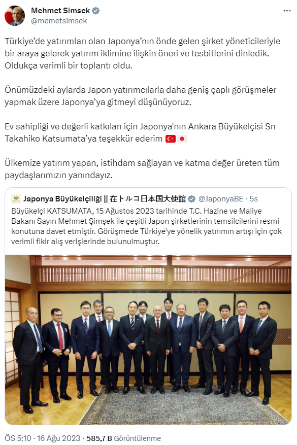 Bakan Şimşek: Önümüzdeki aylarda yatırımcılarla görüşmeler yapmak üzere Japonya'ya gitmeyi düşünüyoruz