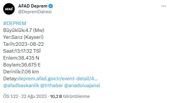 Son Dakika! Kayseri'de 4.7 büyüklüğünde deprem