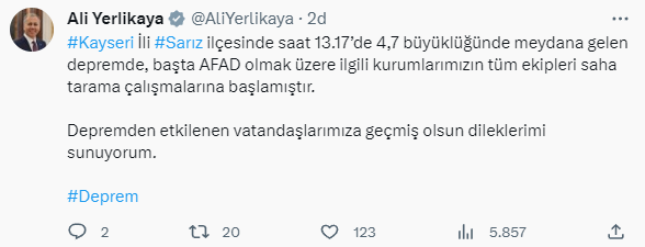 Son Dakika! Kayseri'de 4.7 büyüklüğünde deprem