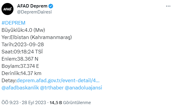 Kahramanmaraş'ta 4 büyüklüğünde deprem