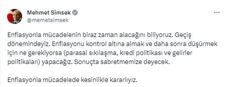 Bakan Şimşek: Enflasyonla mücadele biraz zaman alacak