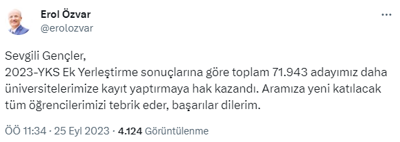 YKS ek yerleştirme sonuçları açıklandı! Kayıt işlemleri 27 Eylül'de başlıyor