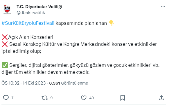 Sur Kültür Yolu Festivali'nde konserler ve bazı etkinlikler iptal edildi