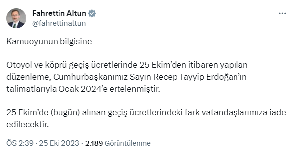 Son Dakika: Cumhurbaşkanı Erdoğan'ın talimatıyla köprü ve otoyol ücretlerine yapılan zam yılbaşına ertelendi