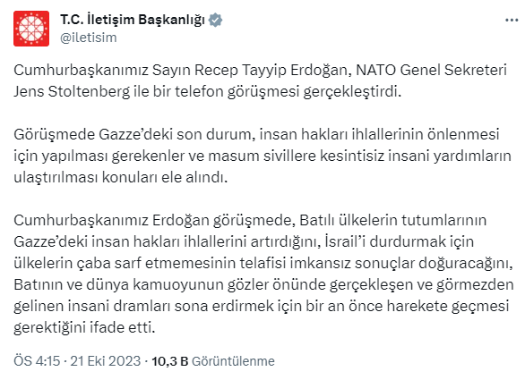 Cumhurbaşkanı Erdoğan, NATO Genel Sekreteri ile görüştü: Gazze'deki insanı dramını bitirmek için harekete geçilmeli