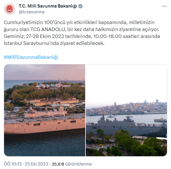 TCG Anadolu Gemisi Cumhuriyet'in 100. yılı etkinlikleri kapsamında ziyarete açılıyor