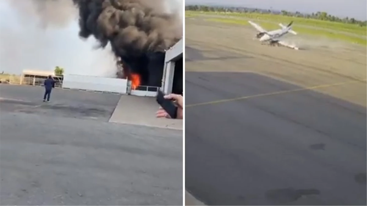 İniş sırasında uçak, hangara girip infilak etti