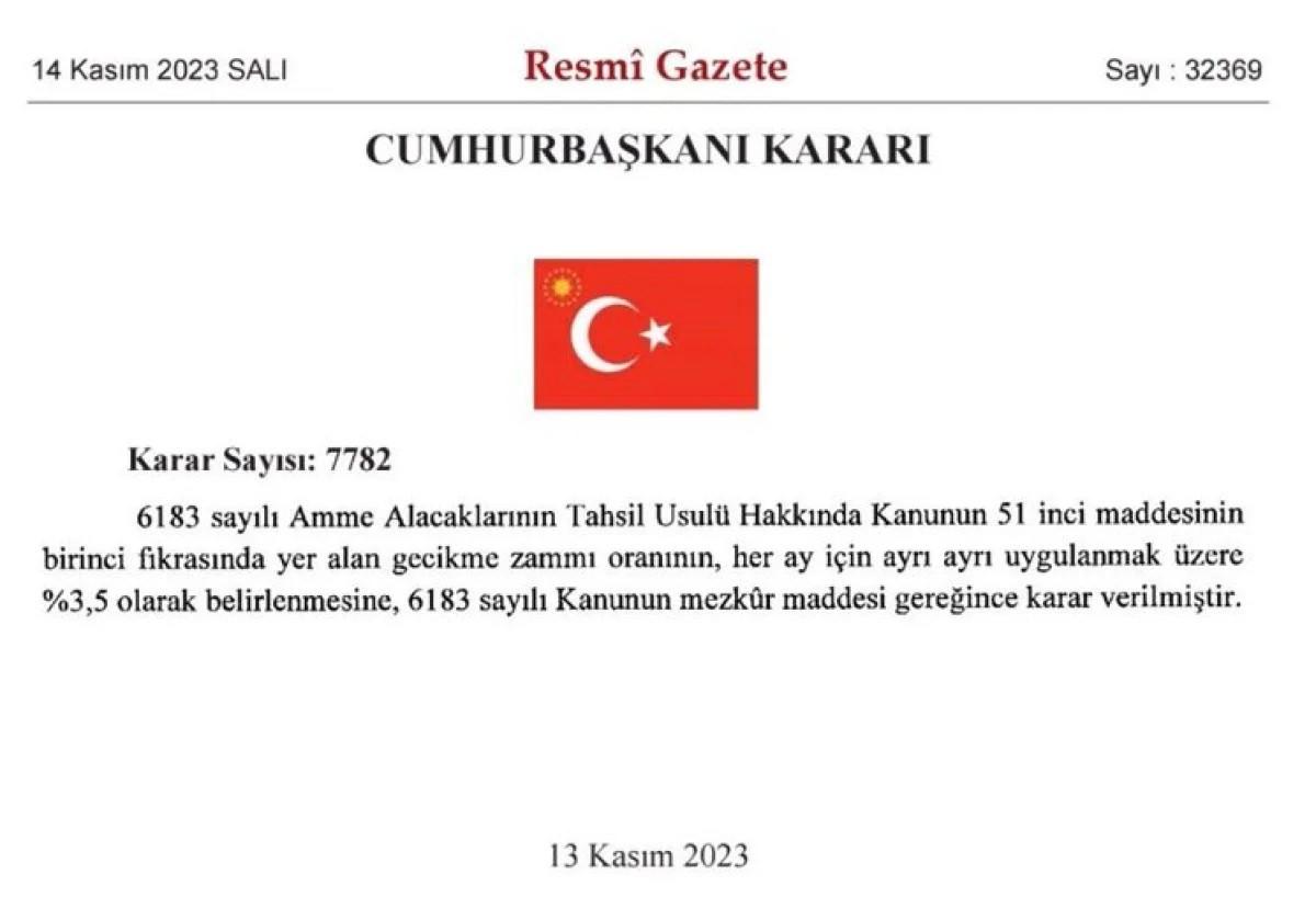 Kamu alacaklarında gecikme zammı oranı yüzde 3,5'e yükseltildi