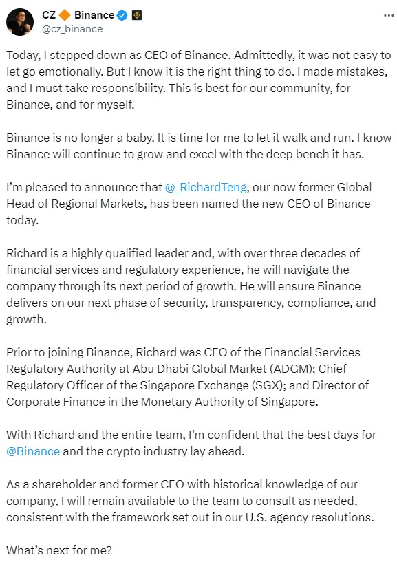 Binance CEO'su Changpeng Zhao istifa etti: Bazı hatalar yaptım, sorumluluğunu almalıyım