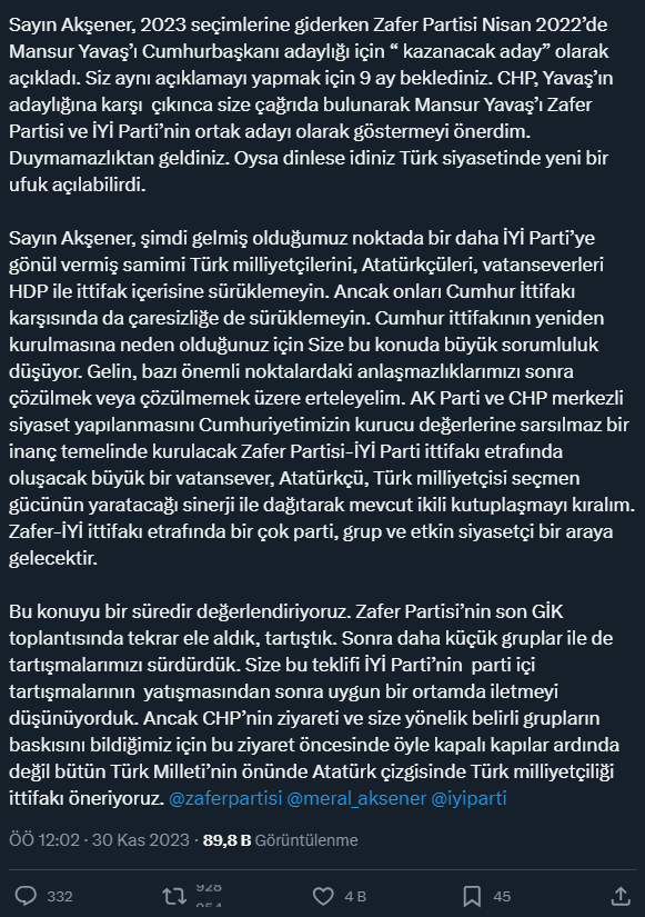 Zafer Partisi lideri Ümit Özdağ, İYİ Parti Genel Başkanı Akşener'e ittifak teklifi yaptı