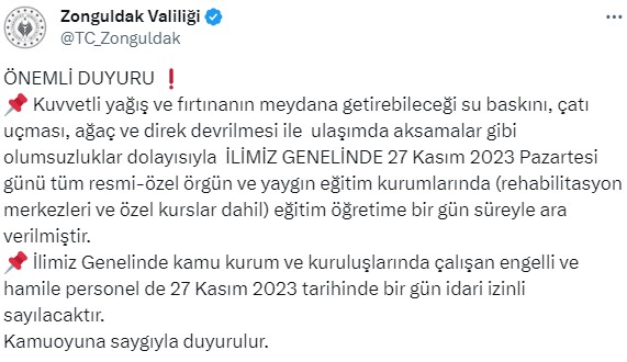 Zonguldak ve İskenderun'da olumsuz hava koşulları nedeniyle eğitime 1 gün ara verildi