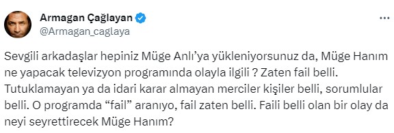 Kuryeyi öldüren Somali Cumhurbaşkanı'nın oğlunun konusunu programına taşımayan Müge Anlı'ya Armağan Çağlayan'dan destek