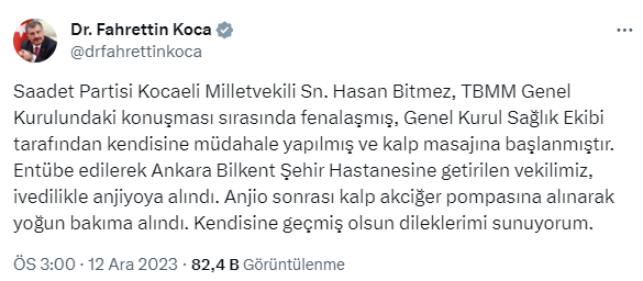 Sağlık Bakanı Koca: Meclis'te fenalaşan vekilimiz anjiyoya alındı, tedavisi yoğun bakımda devam ediyor