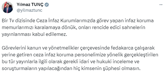 Adalet Bakanı Tunç'tan, Arka Sokaklar dizisindeki sahneye tepki: İdari ve hukuki soruşturmalar yapılacaktır