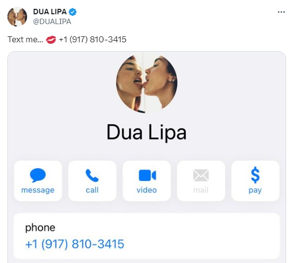 Sevgilisinden ayrılan Dua Lipa, telefon numarasını paylaştı