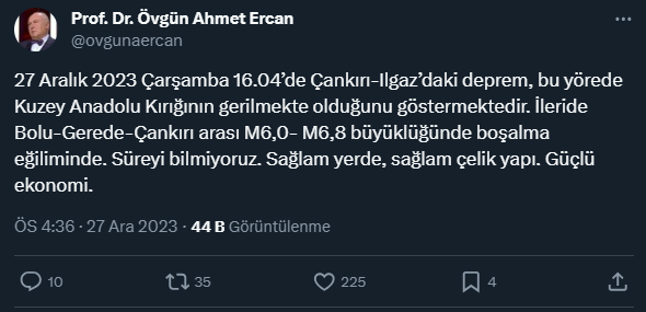 Çankırı'daki depremin ardından Prof. Dr. Övgün Ahmet Ercan'dan iki il için 6,8'lik deprem uyarısı