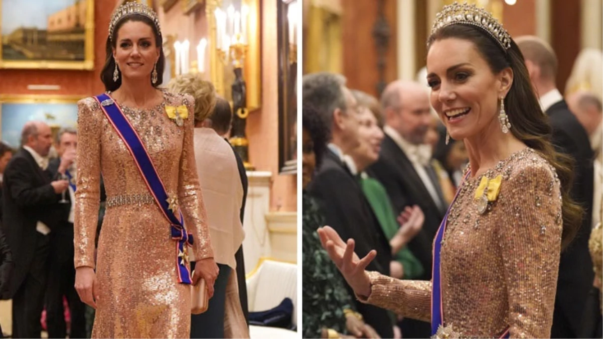 Kate Middleton altın elbisesi ve pırlantalarıyla göz kamaştırdı
