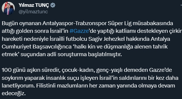 Gol sevinci nedeniyle gözaltına alınan Antalyaspor'un İsrailli futbolcusu Jehezkel'in ifadesi ortaya çıktı