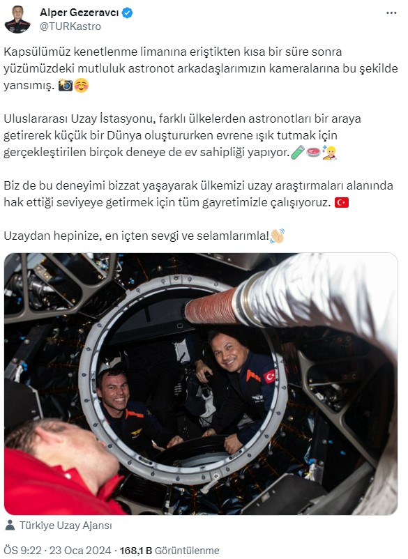 Türkiye'nin ilk astronotu Alper Gezeravcı'nın uzaydan yeni görüntüsü! Mutluluğu yüzünden okundu