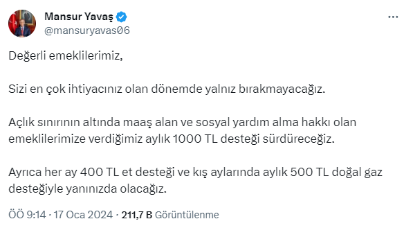 Mansur Yavaş'tan emeklilere destek sözü! Her ay yapılacak ödemeleri tek tek paylaştı